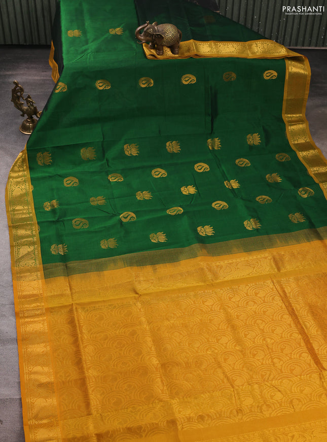Silk cotton saree green and mustard yellow with zari woven buttas and zari woven annam border