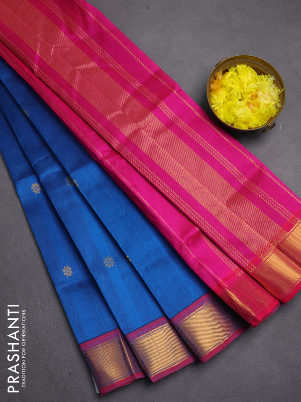 Silk cotton saree cs blue and pink with zari woven floral buttas and zari woven border