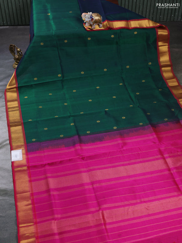 Silk cotton saree dual shade of peacock green and pink with zari woven floral buttas and zari woven border