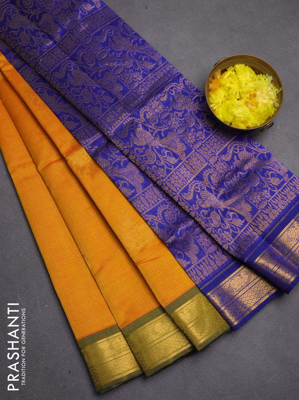 Silk cotton saree mango yellow and blue with zari woven buttas and zari woven border