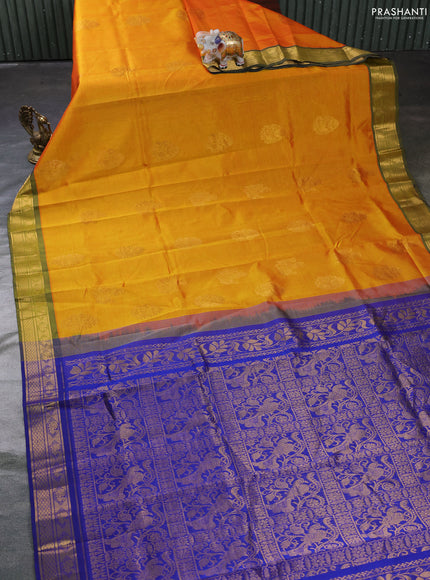 Silk cotton saree mango yellow and blue with zari woven buttas and zari woven border