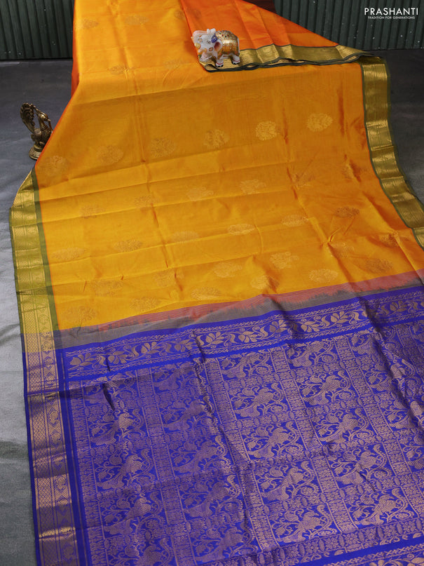 Silk cotton saree mango yellow and blue with zari woven buttas and zari woven border
