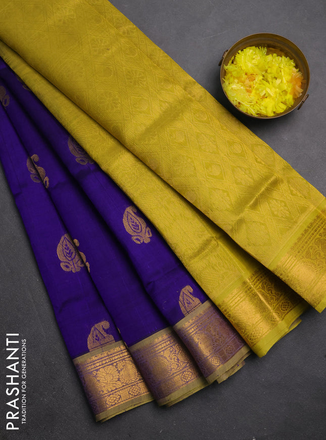 Silk cotton saree blue and lime yellow with zari woven buttas and zari woven border