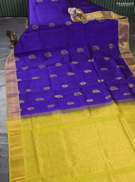 Silk cotton saree blue and lime yellow with zari woven buttas and zari woven border