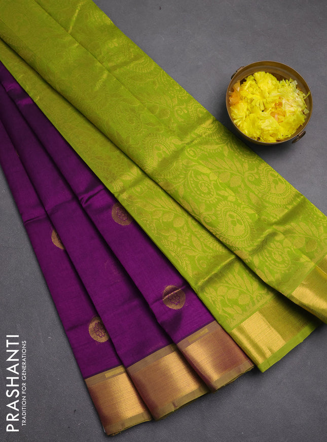 Silk cotton saree purple and light green with zari woven buttas and zari woven border