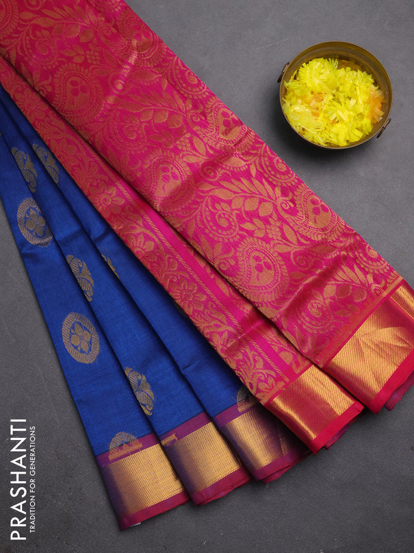 Silk cotton saree peacock blue and pink with zari woven buttas and zari woven border