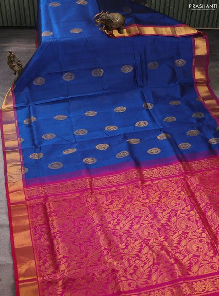 Silk cotton saree peacock blue and pink with zari woven buttas and zari woven border