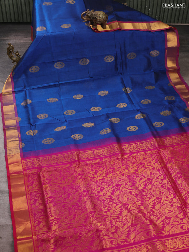Silk cotton saree peacock blue and pink with zari woven buttas and zari woven border