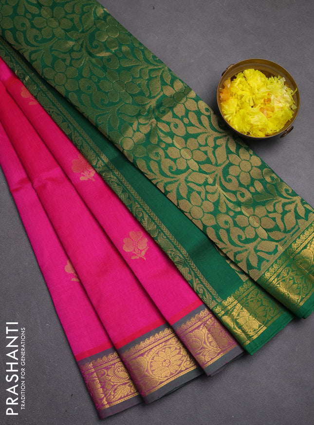 Silk cotton saree pink and green with zari woven buttas and zari woven border