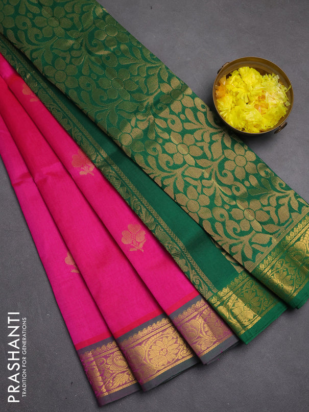 Silk cotton saree pink and green with zari woven buttas and zari woven border