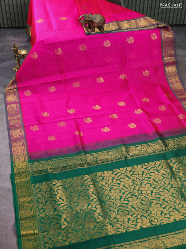 Silk cotton saree pink and green with zari woven buttas and zari woven border