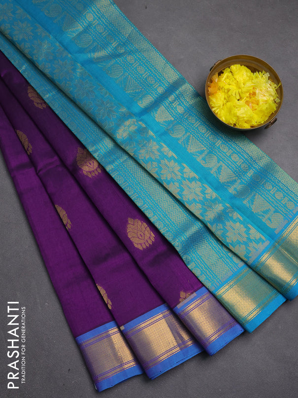 Silk cotton saree purple and teal blue with zari woven buttas and zari woven border