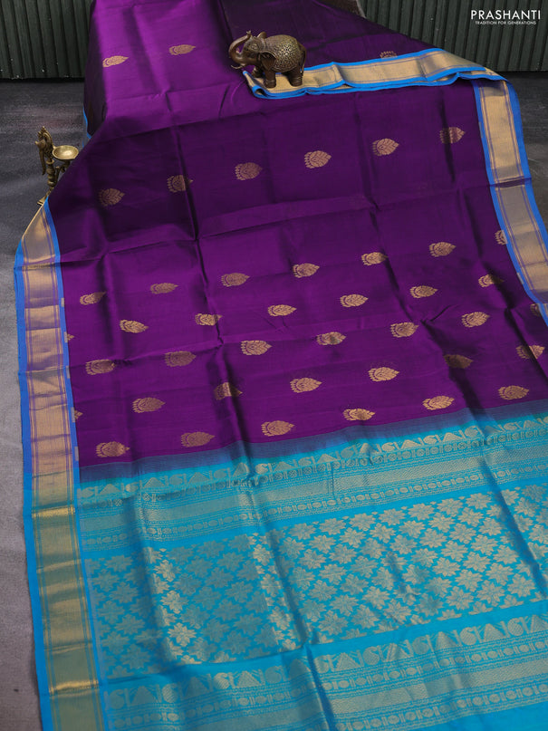 Silk cotton saree purple and teal blue with zari woven buttas and zari woven border