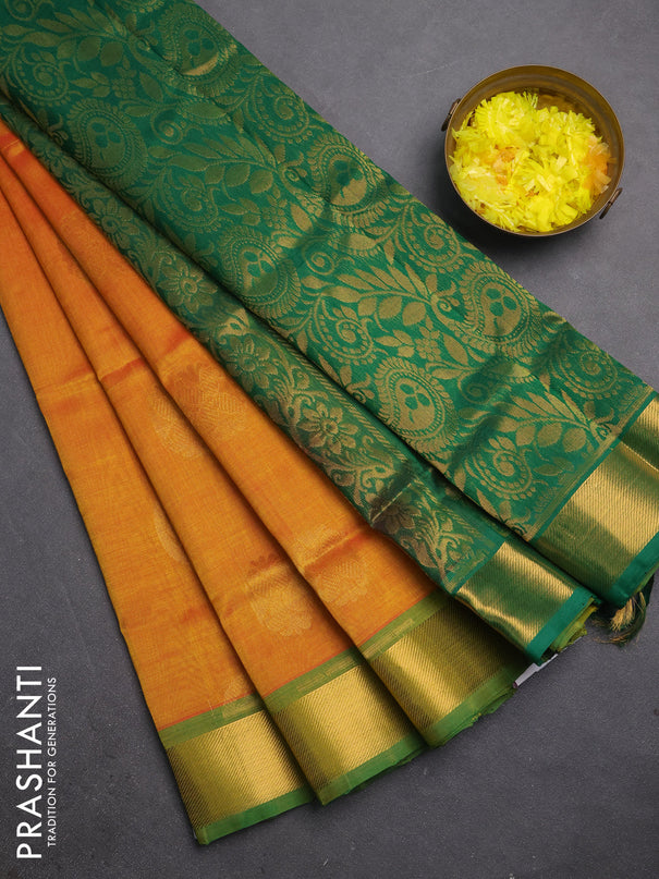 Silk cotton saree dual shade of mango yellow and green with zari woven buttas and zari woven border