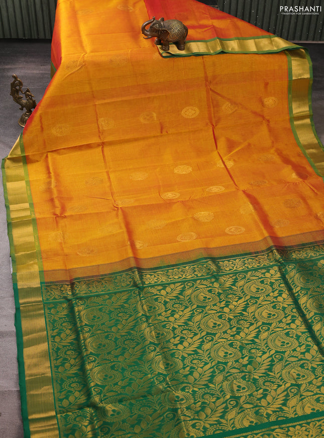Silk cotton saree dual shade of mango yellow and green with zari woven buttas and zari woven border