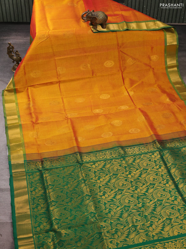 Silk cotton saree dual shade of mango yellow and green with zari woven buttas and zari woven border