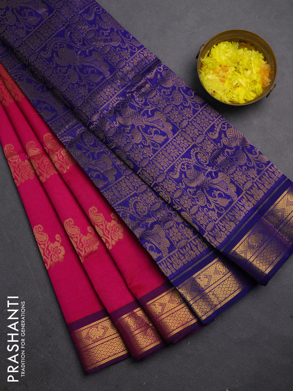 Silk cotton saree pink and blue with zari woven buttas and zari woven border