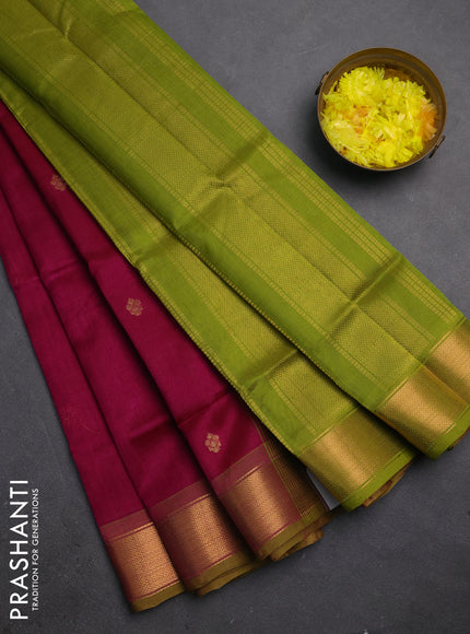 Silk cotton saree magenta pink and light green with zari woven buttas and zari woven border