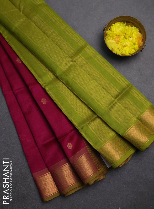 Silk cotton saree magenta pink and light green with zari woven buttas and zari woven border