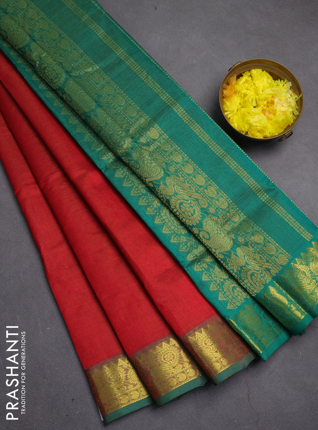Silk cotton saree red and green with allover vairosi pattern and zari woven border