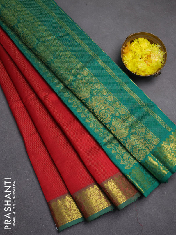 Silk cotton saree red and green with allover vairosi pattern and zari woven border