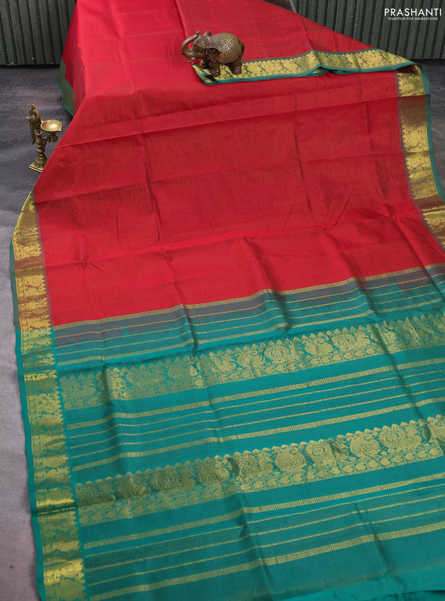 Silk cotton saree red and green with allover vairosi pattern and zari woven border