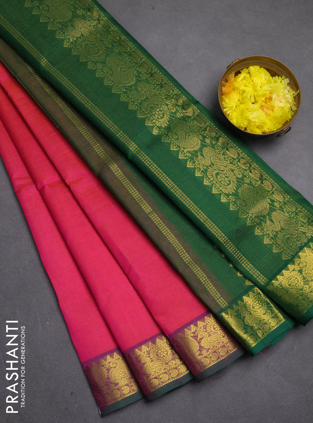 Silk cotton saree dual shade of pink and green with allover vairosi pattern and zari woven border