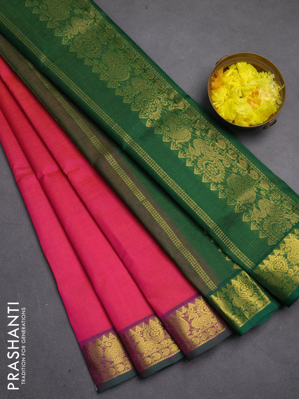 Silk cotton saree dual shade of pink and green with allover vairosi pattern and zari woven border