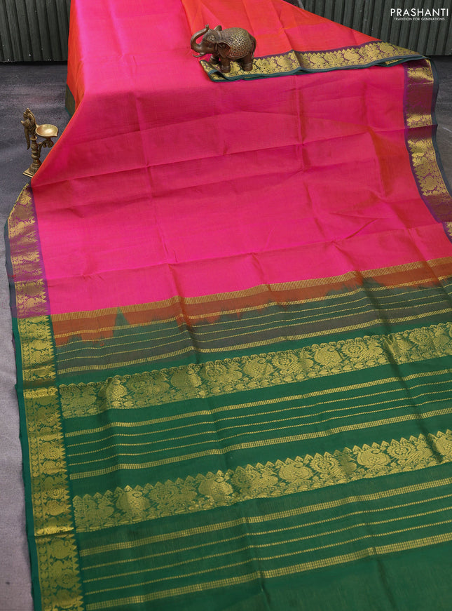 Silk cotton saree dual shade of pink and green with allover vairosi pattern and zari woven border