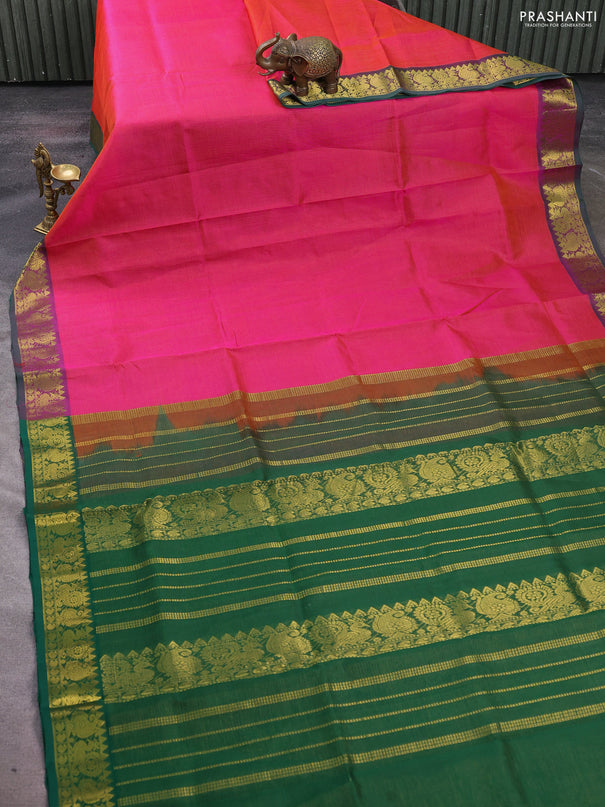 Silk cotton saree dual shade of pink and green with allover vairosi pattern and zari woven border