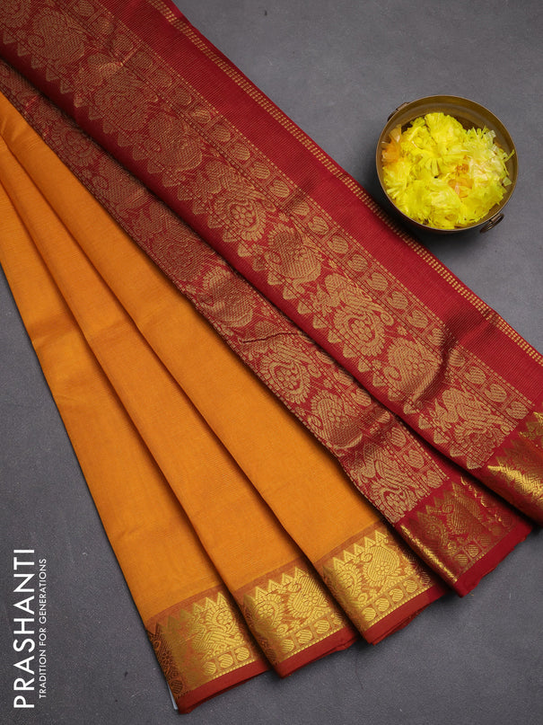Silk cotton saree mango yellow and maroon with allover vairosi pattern and zari woven border