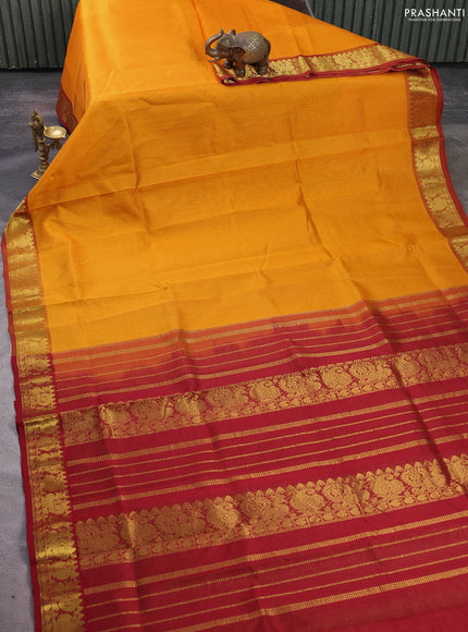 Silk cotton saree mango yellow and maroon with allover vairosi pattern and zari woven border