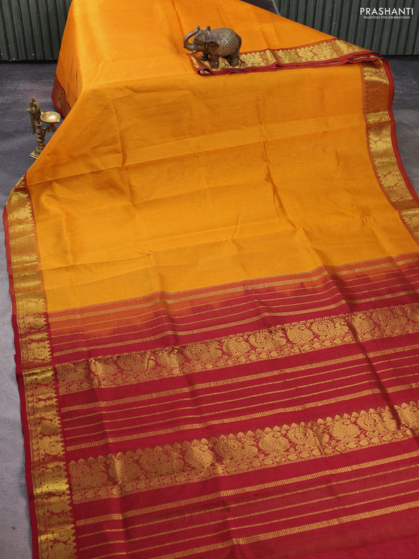 Silk cotton saree mango yellow and maroon with allover vairosi pattern and zari woven border