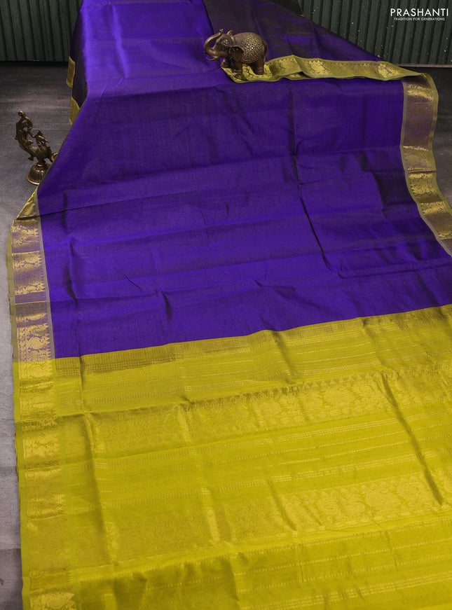 Silk cotton saree blue and light green with allover vairosi pattern and zari woven border