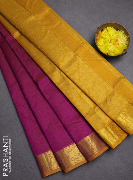 Silk cotton saree dark magenta pink and mustard yellow with allover vairosi pattern and zari woven border