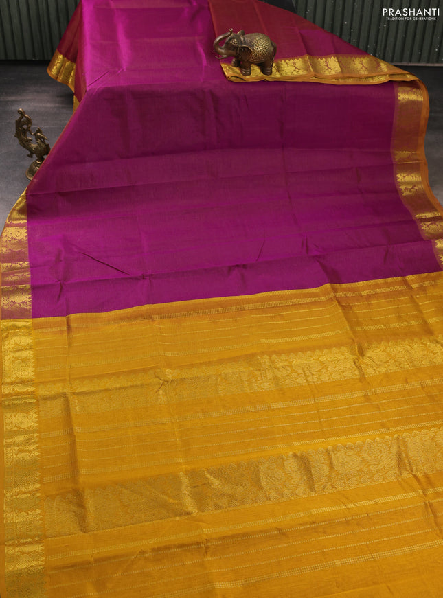 Silk cotton saree dark magenta pink and mustard yellow with allover vairosi pattern and zari woven border