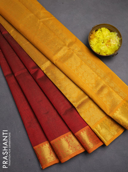 Silk cotton saree maroon and yellow with allover vairosi pattern and zari woven border