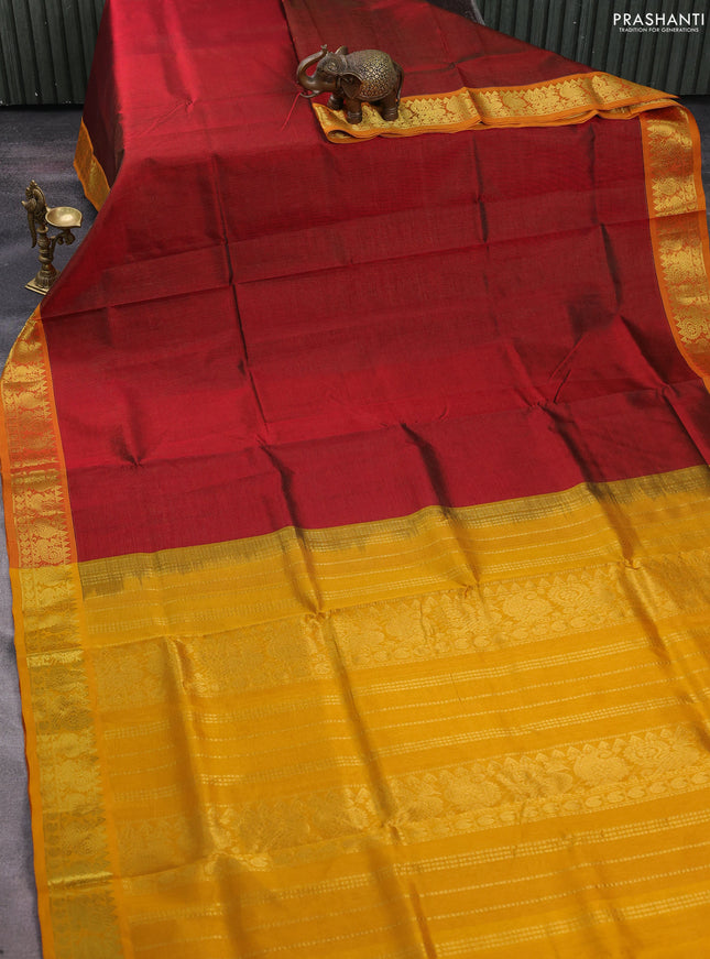 Silk cotton saree maroon and yellow with allover vairosi pattern and zari woven border