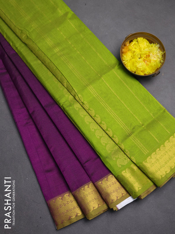 Silk cotton saree purple and light green with allover vairosi pattern and zari woven border
