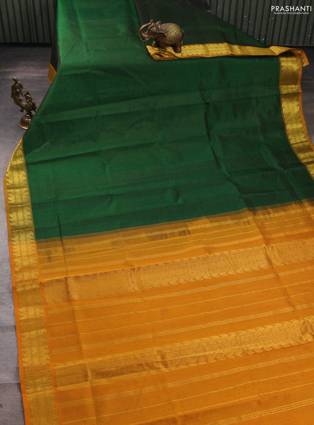 Silk cotton saree green and dark mustard with allover vairosi pattern and zari woven border
