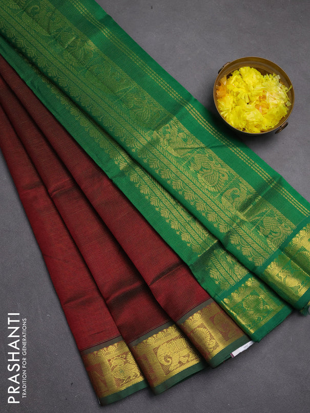 Silk cotton saree maroon and green with allover vairosi pattern and zari woven border