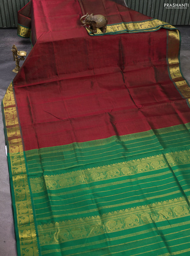 Silk cotton saree maroon and green with allover vairosi pattern and zari woven border