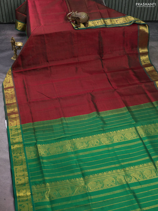 Silk cotton saree maroon and green with allover vairosi pattern and zari woven border