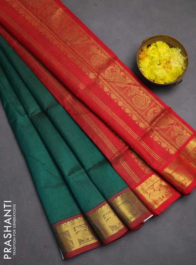 Silk cotton saree green and red with allover vairosi pattern and zari woven border
