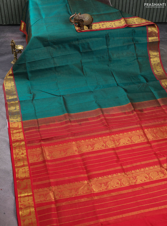 Silk cotton saree green and red with allover vairosi pattern and zari woven border