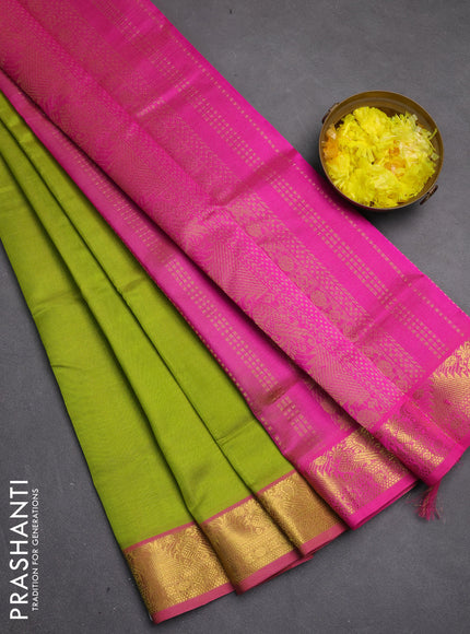 Silk cotton saree light green and pink with allover vairosi pattern and zari woven border