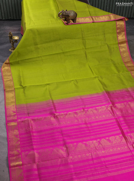 Silk cotton saree light green and pink with allover vairosi pattern and zari woven border