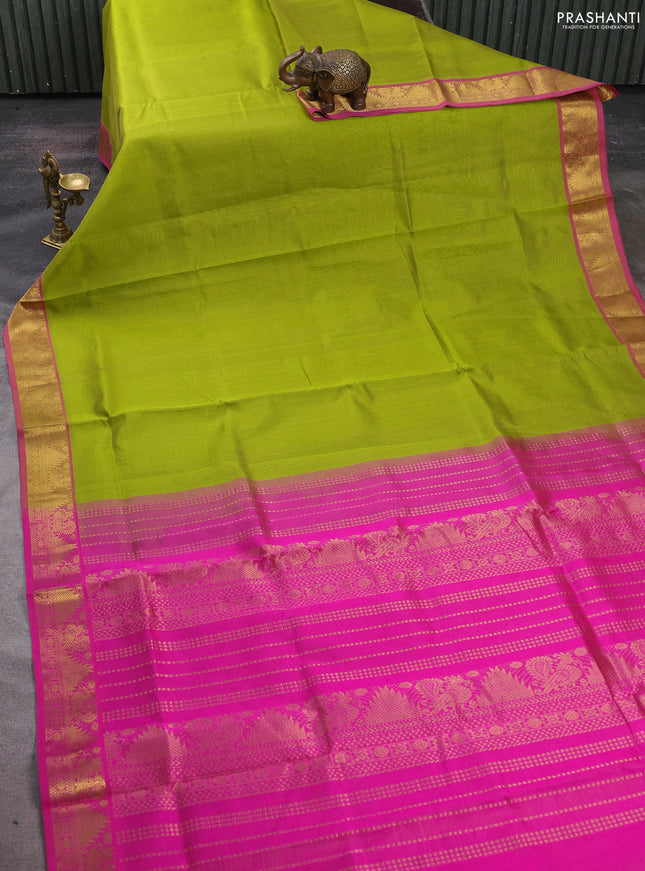 Silk cotton saree light green and pink with allover vairosi pattern and zari woven border