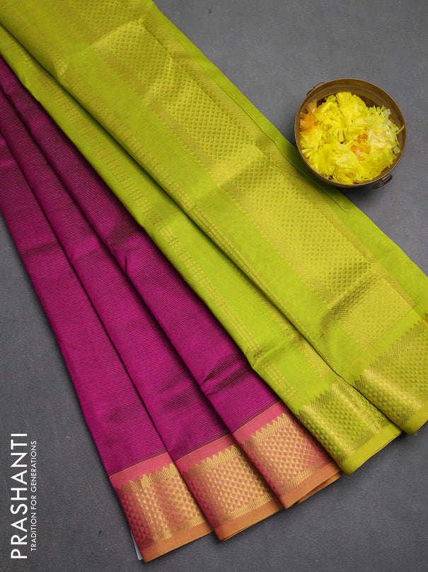Silk cotton saree magenta pink and lime green with allover vairosi pattern and zari woven border