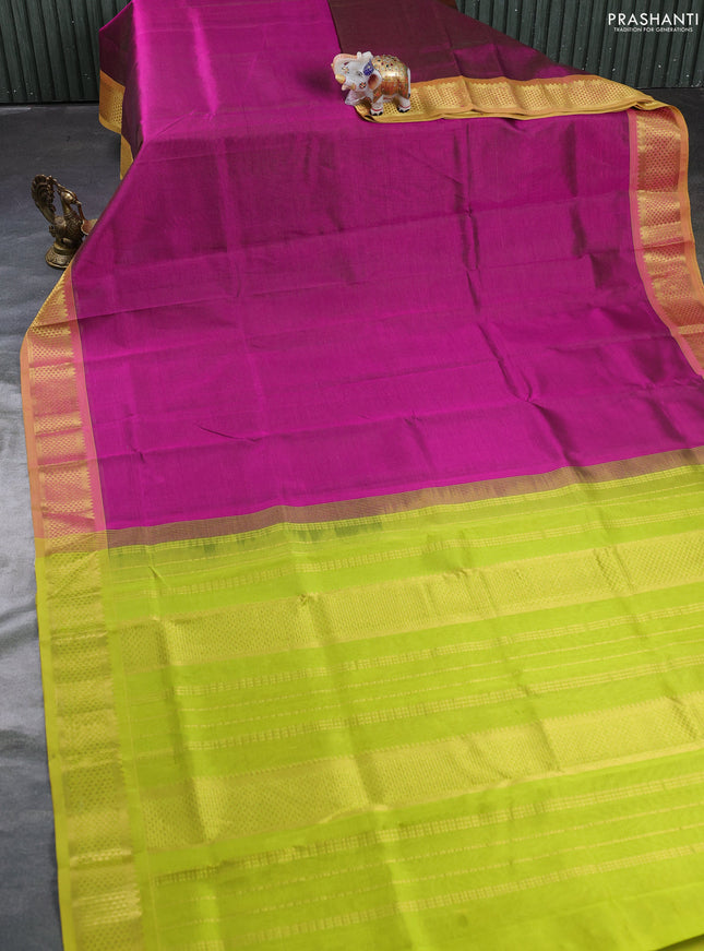 Silk cotton saree magenta pink and lime green with allover vairosi pattern and zari woven border